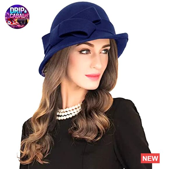Wool Felt Bucket Hat with Feather and Mesh Fascinator for Women